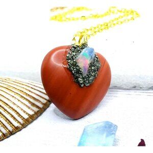 Red jasper and opal crystal heart necklace handmade